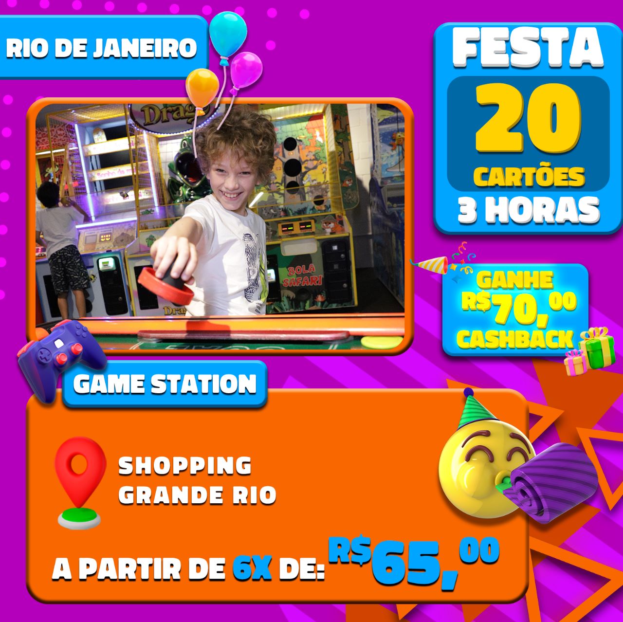FESTA GAME STATION C/SALÃO DE FESTAS POR 3H SHOPPINGS GUARARAPES