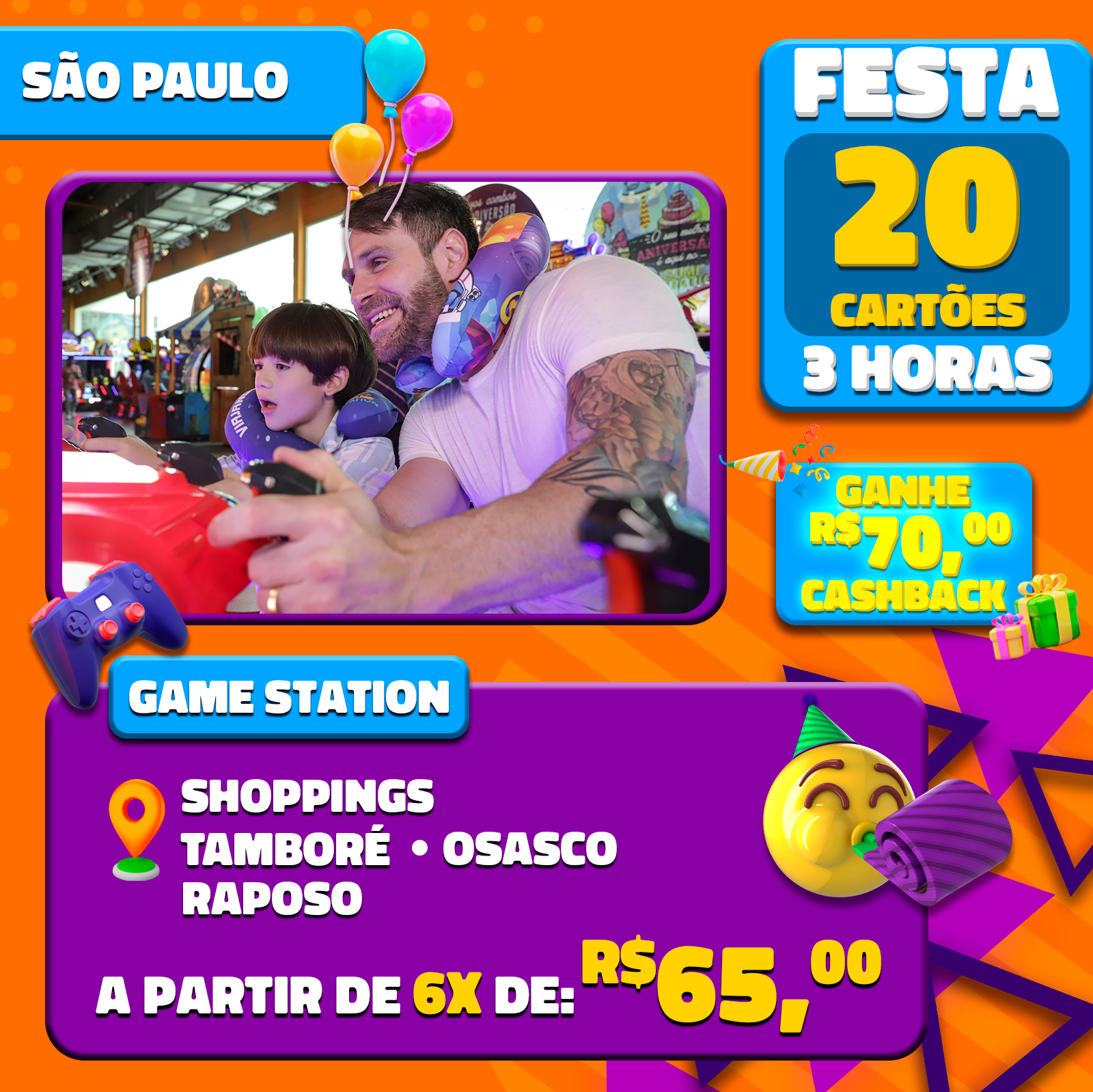 FESTA GAME STATION C/SALÃO DE FESTAS POR 3H SHOPPINGS BELA VISTA/ SALVADOR  SHOPPING