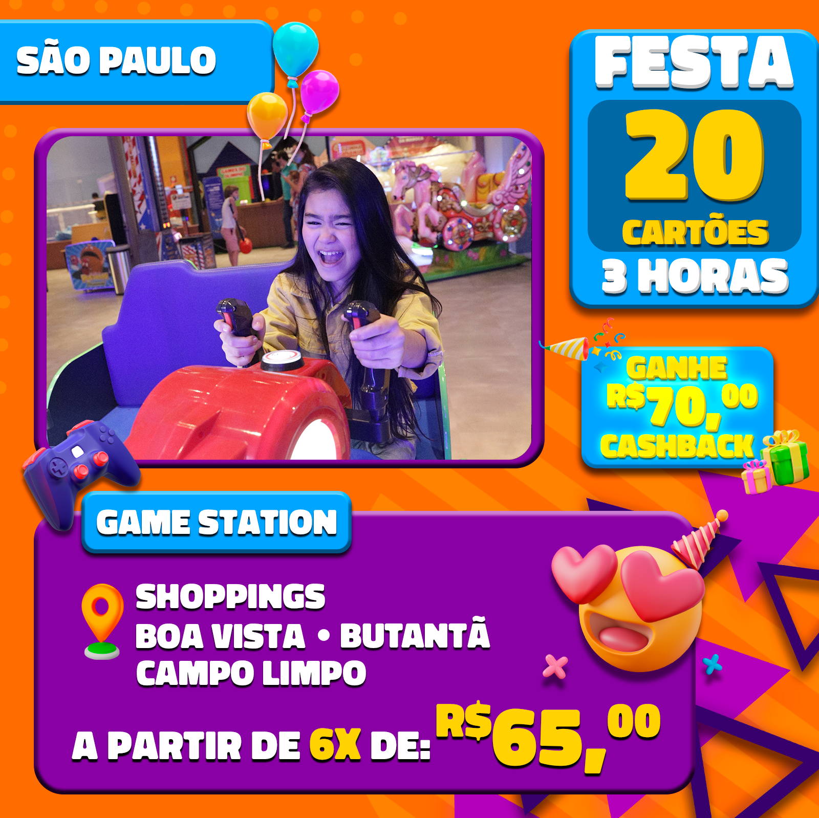 FESTA GAME STATION C/SALÃO DE FESTAS POR 3H SHOPPINGS BOA VISTA /CAMPO  LIMPO/ BUTANTÃ
